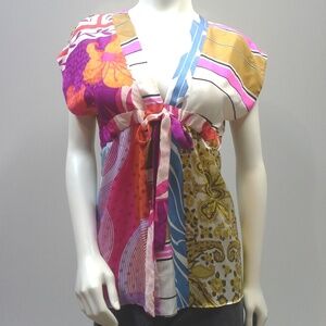 Mod Empire Waist Silk Top Blouse Psychedelic Hippie Mod Pop Art Made in USA Top